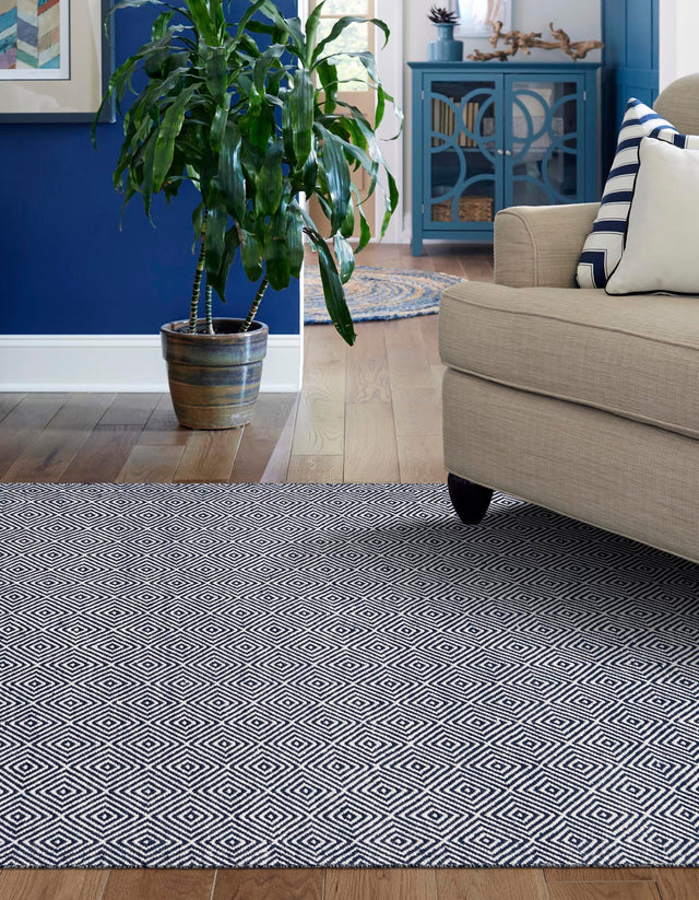 Navy Blue 6' 1 x 9' Geo Trellis Flatweave Rectangle Area Rug 80% Wool & 20% Cotton Natural Geometric Carpet for Living, Office, Dining, Dorms for Sale at Rug Engine