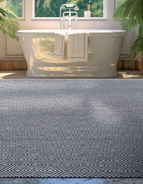 Navy Blue 6' 1 x 9' Geo Trellis Flatweave Rectangle Area Rug 80% Wool & 20% Cotton Natural Geometric Carpet for Living, Office, Dining, Dorms for Sale at Rug Engine