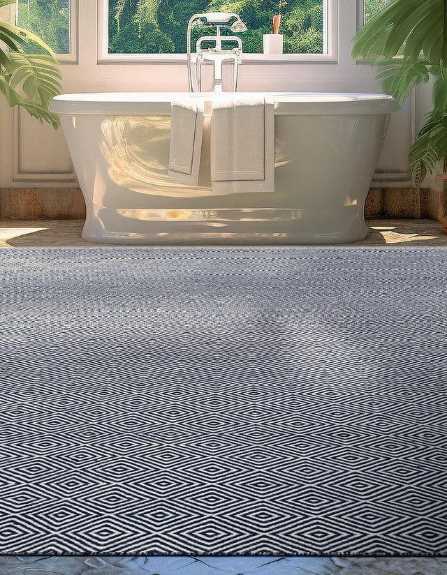 Navy Blue 6' 1 x 9' Geo Trellis Flatweave Rectangle Area Rug 80% Wool & 20% Cotton Natural Geometric Carpet for Living, Office, Dining, Dorms for Sale at Rug Engine