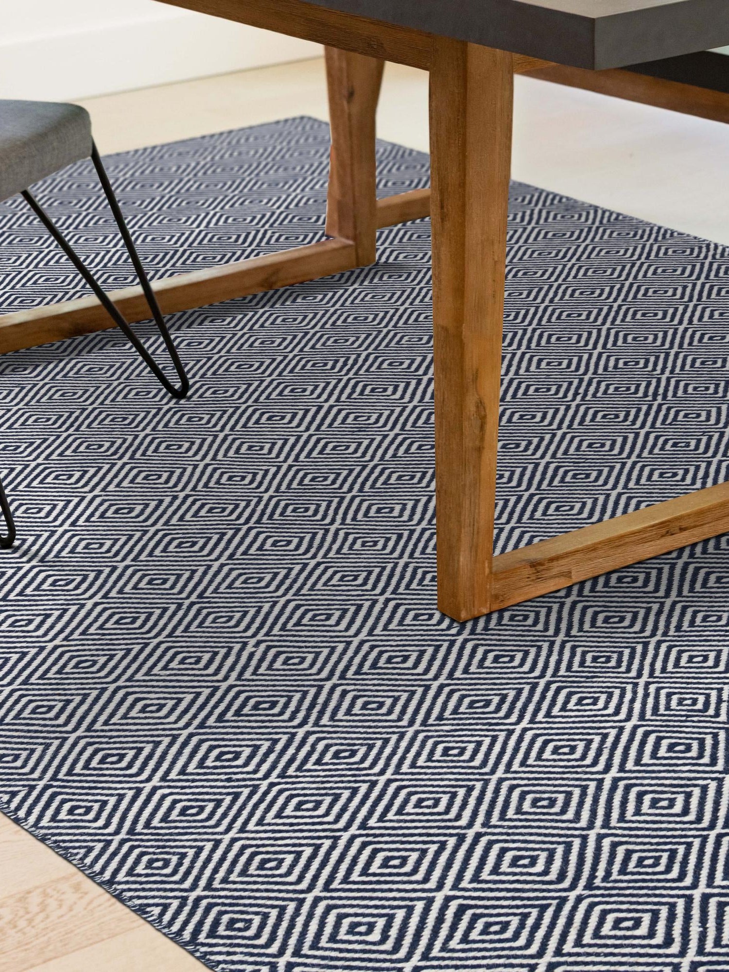 Navy Blue 5' 1 x 8' Geo Trellis Flatweave Rectangle Area Rug 80% Wool & 20% Cotton Natural Geometric Carpet for Living, Office, Dining, Dorms for Sale at Rug Engine