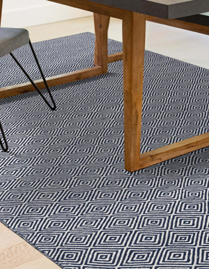 Navy Blue 6' 1 x 9' Geo Trellis Flatweave Rectangle Area Rug 80% Wool & 20% Cotton Natural Geometric Carpet for Living, Office, Dining, Dorms for Sale at Rug Engine