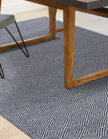 Navy Blue 9' x 12' Geo Trellis Flatweave Rectangle Area Rug 80% Wool & 20% Cotton Natural Geometric Carpet for Living, Office, Dining, Dorms for Sale at Rug Engine