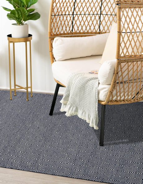 Navy Blue 9' x 12' Geo Trellis Flatweave Rectangle Area Rug 80% Wool & 20% Cotton Natural Geometric Carpet for Living, Office, Dining, Dorms for Sale at Rug Engine