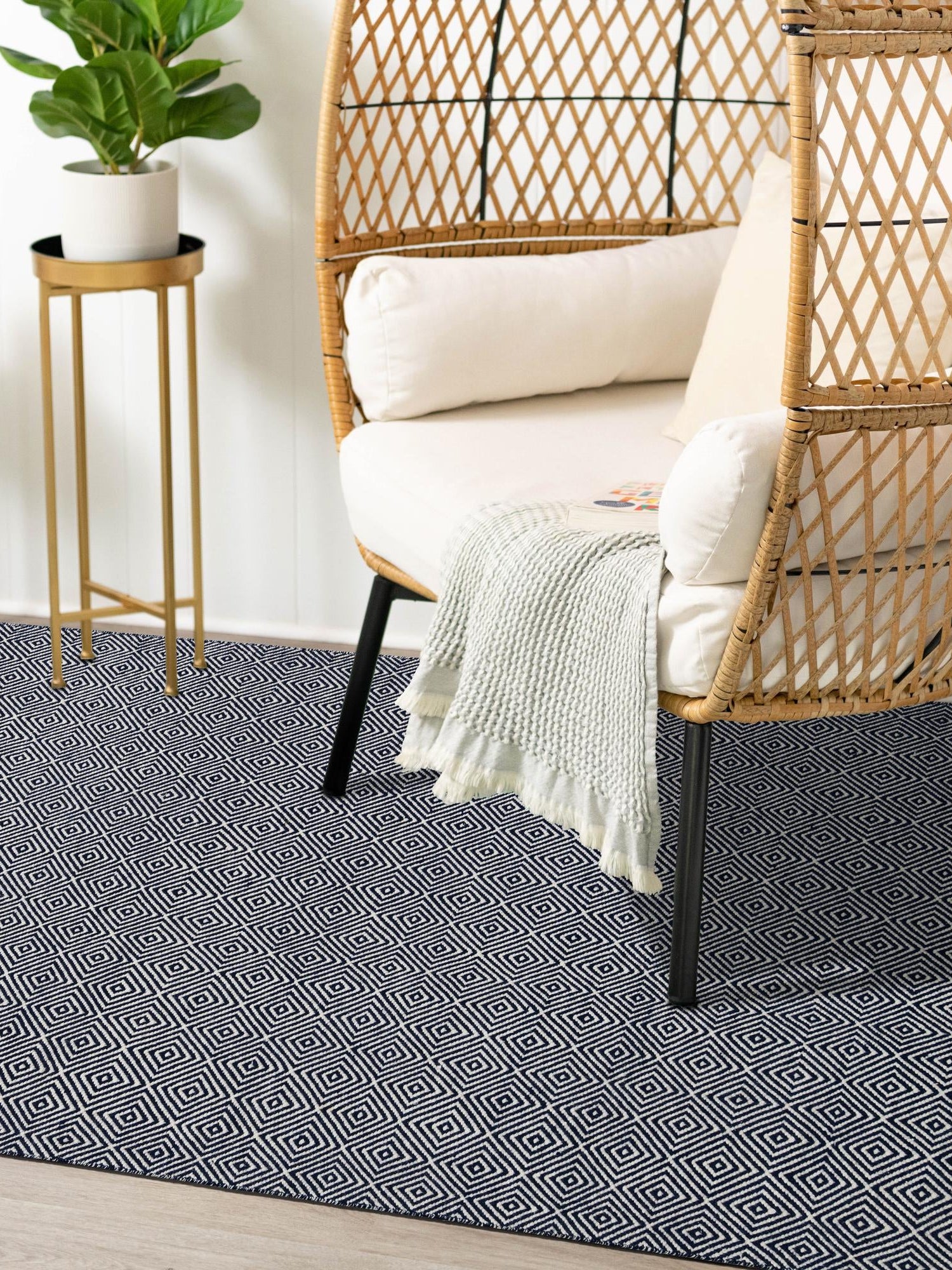 Navy Blue 6' 1 x 9' Geo Trellis Flatweave Rectangle Area Rug 80% Wool & 20% Cotton Natural Geometric Carpet for Living, Office, Dining, Dorms for Sale at Rug Engine