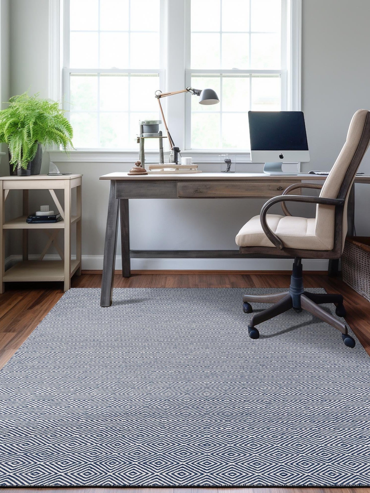 Navy Blue 6' 1 x 9' Geo Trellis Flatweave Rectangle Area Rug 80% Wool & 20% Cotton Natural Geometric Carpet for Living, Office, Dining, Dorms for Sale at Rug Engine