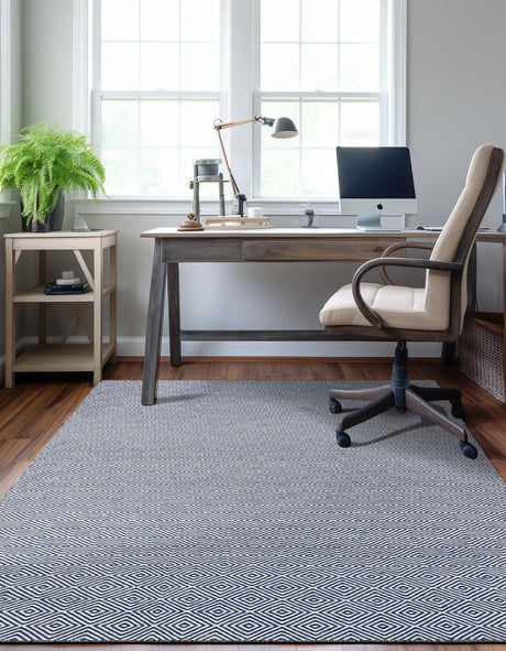 Navy Blue 9' x 12' Geo Trellis Flatweave Rectangle Area Rug 80% Wool & 20% Cotton Natural Geometric Carpet for Living, Office, Dining, Dorms for Sale at Rug Engine