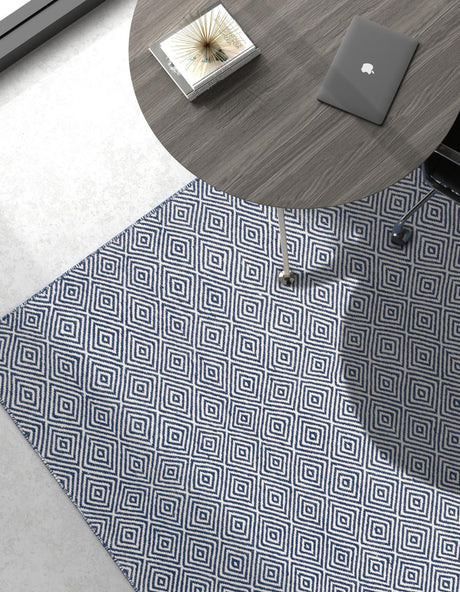 Navy Blue 9' x 12' Geo Trellis Flatweave Rectangle Area Rug 80% Wool & 20% Cotton Natural Geometric Carpet for Living, Office, Dining, Dorms for Sale at Rug Engine