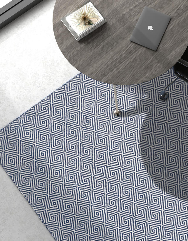 Navy Blue 6' 1 x 9' Geo Trellis Flatweave Rectangle Area Rug 80% Wool & 20% Cotton Natural Geometric Carpet for Living, Office, Dining, Dorms for Sale at Rug Engine