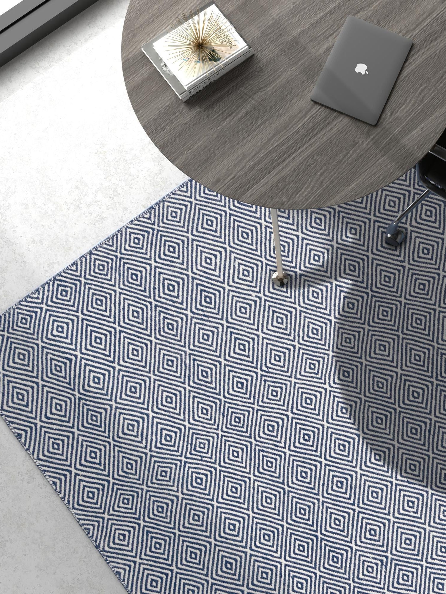 Navy Blue 7' 10 x 10' Geo Trellis Flatweave Rectangle Area Rug 80% Wool & 20% Cotton Natural Geometric Carpet for Living, Office, Dining, Dorms for Sale at Rug Engine