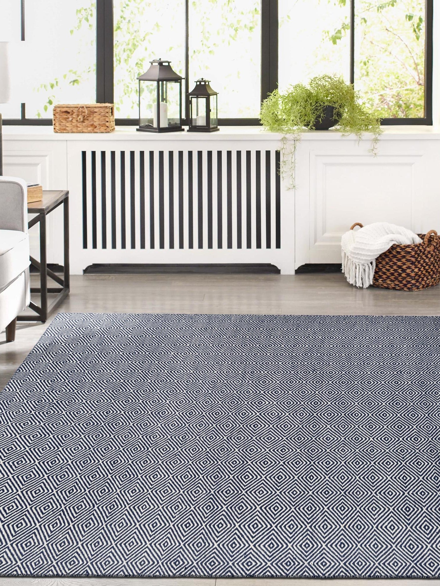 Navy Blue 6' 1 x 9' Geo Trellis Flatweave Rectangle Area Rug 80% Wool & 20% Cotton Natural Geometric Carpet for Living, Office, Dining, Dorms for Sale at Rug Engine