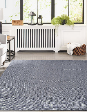 Navy Blue 6' 1 x 9' Geo Trellis Flatweave Rectangle Area Rug 80% Wool & 20% Cotton Natural Geometric Carpet for Living, Office, Dining, Dorms for Sale at Rug Engine