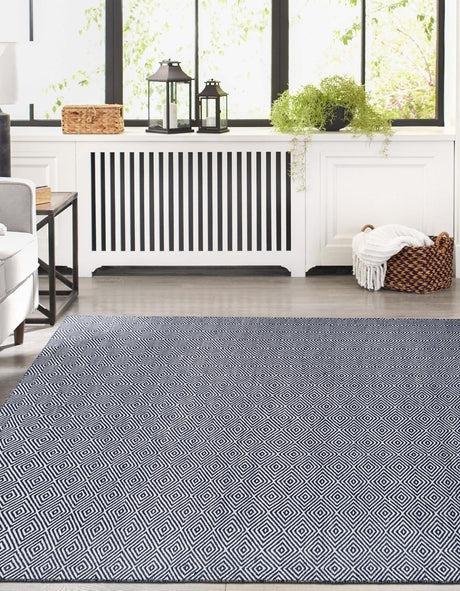 Navy Blue 6' 1 x 9' Geo Trellis Flatweave Rectangle Area Rug 80% Wool & 20% Cotton Natural Geometric Carpet for Living, Office, Dining, Dorms for Sale at Rug Engine
