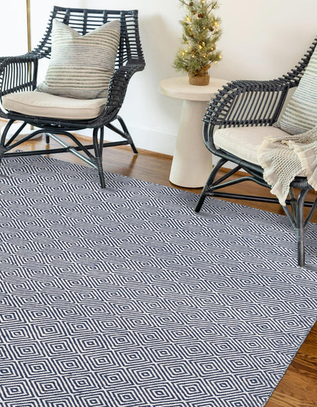 Navy Blue 6' 1 x 9' Geo Trellis Flatweave Rectangle Area Rug 80% Wool & 20% Cotton Natural Geometric Carpet for Living, Office, Dining, Dorms for Sale at Rug Engine
