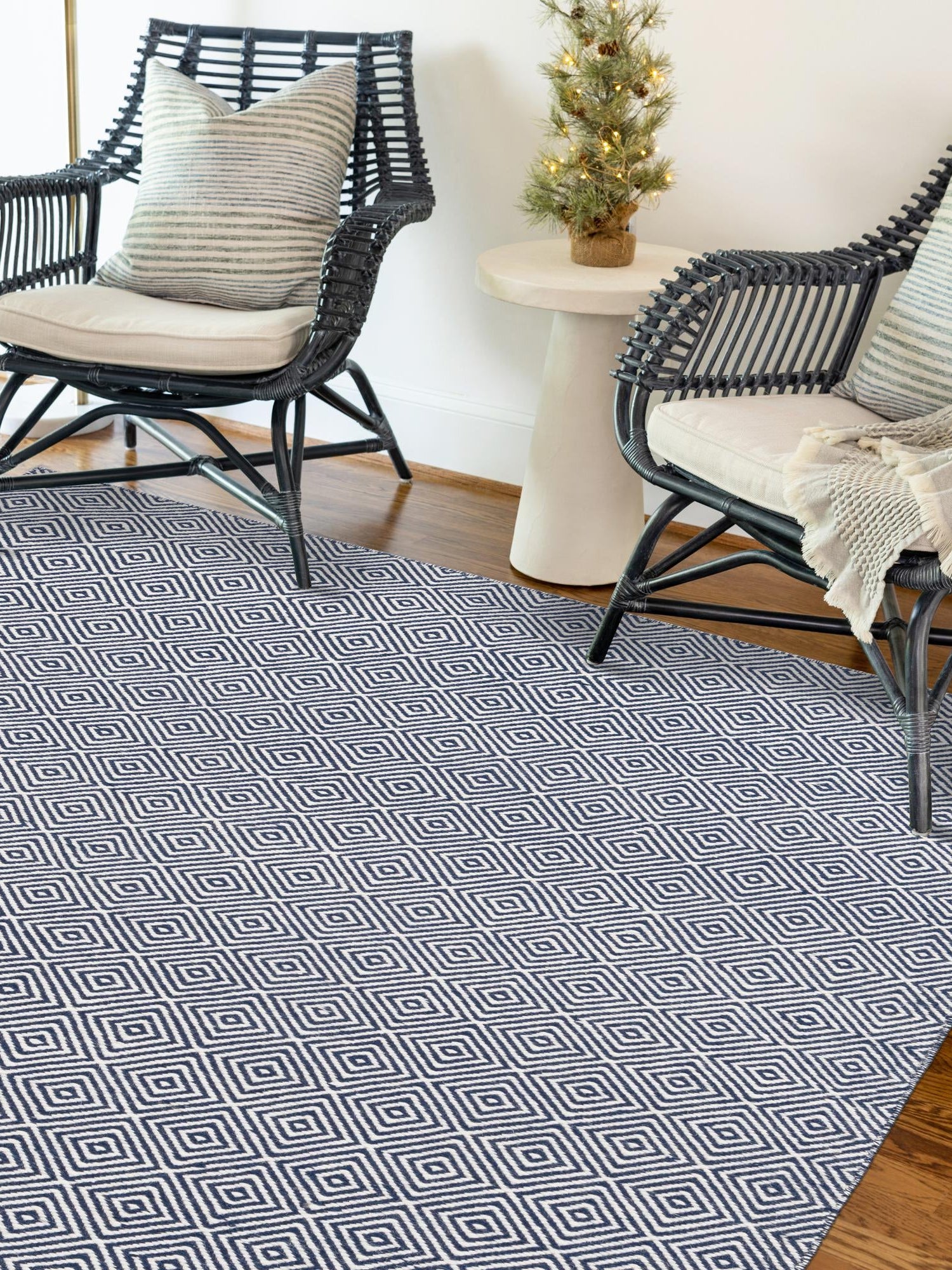 Navy Blue 4' 1 x 6' 1 Geo Trellis Flatweave Rectangle Area Rug 80% Wool & 20% Cotton Natural Geometric Carpet for Living, Office, Dining, Dorms for Sale at Rug Engine