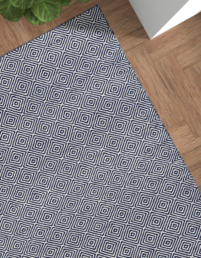Navy Blue 6' 1 x 9' Geo Trellis Flatweave Rectangle Area Rug 80% Wool & 20% Cotton Natural Geometric Carpet for Living, Office, Dining, Dorms for Sale at Rug Engine