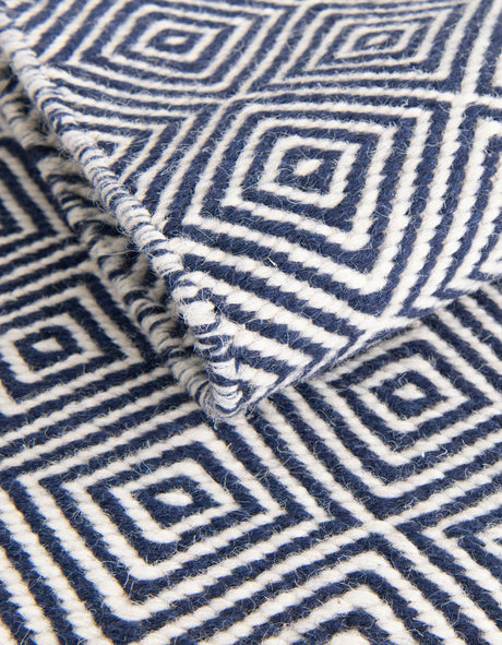 Navy Blue 9' x 12' Geo Trellis Flatweave Rectangle Area Rug 80% Wool & 20% Cotton Natural Geometric Carpet for Living, Office, Dining, Dorms for Sale at Rug Engine