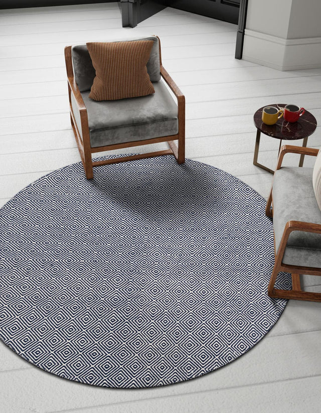 Navy Blue 10' x 10' Geo Trellis Flatweave Round Area Rug 80% Wool & 20% Cotton Natural Geometric Carpet for Living, Office, Dining, Dorms for Sale at Rug Engine