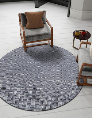 Navy Blue 6' 1 x 6' 1 Geo Trellis Flatweave Round Area Rug 80% Wool & 20% Cotton Natural Geometric Carpet for Living, Office, Dining, Dorms for Sale at Rug Engine