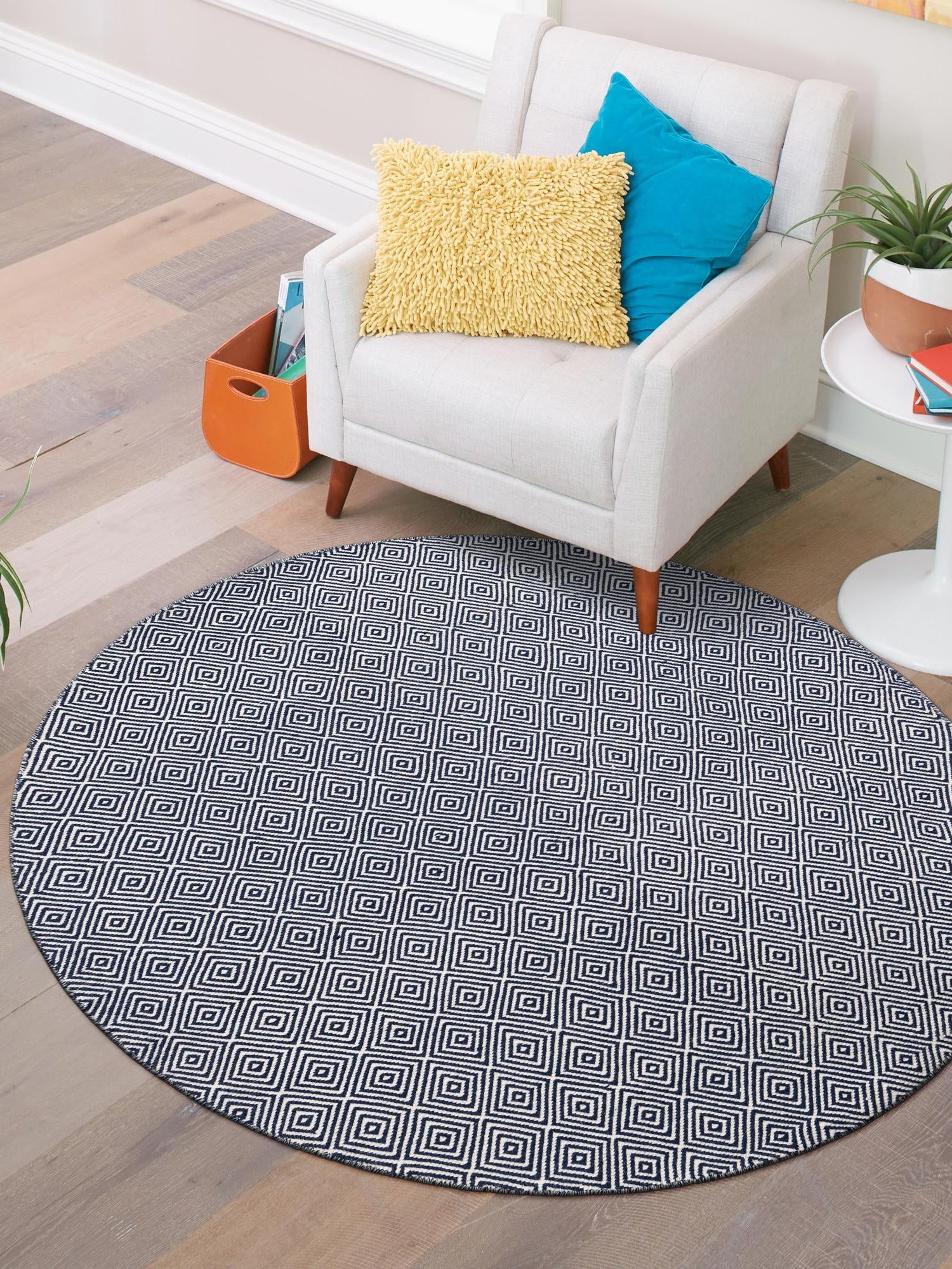 Navy Blue 6' 1 x 6' 1 Geo Trellis Flatweave Round Area Rug 80% Wool & 20% Cotton Natural Geometric Carpet for Living, Office, Dining, Dorms for Sale at Rug Engine