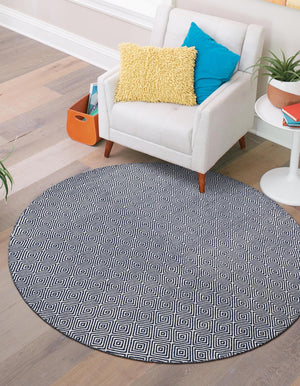 Navy Blue 10' x 10' Geo Trellis Flatweave Round Area Rug 80% Wool & 20% Cotton Natural Geometric Carpet for Living, Office, Dining, Dorms for Sale at Rug Engine