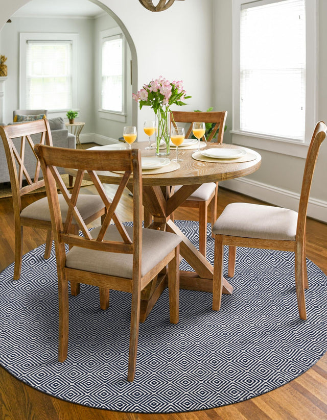 Navy Blue 3' 1 x 3' 1 Geo Trellis Flatweave Round Area Rug 80% Wool & 20% Cotton Natural Geometric Carpet for Living, Office, Dining, Dorms for Sale at Rug Engine
