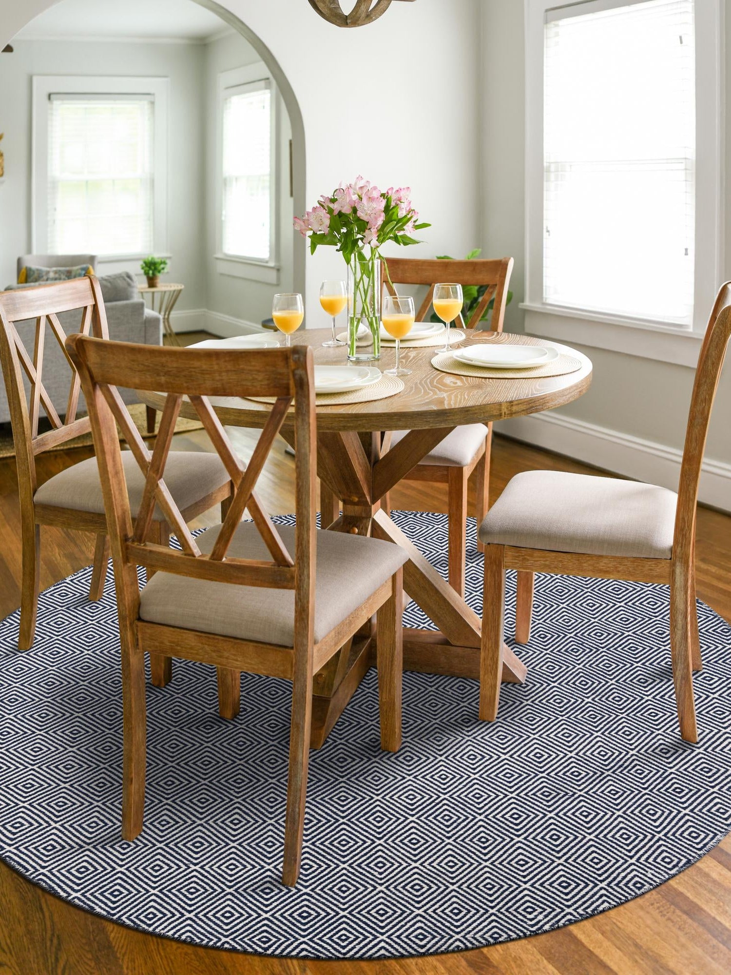 Navy Blue 12' x 12' Geo Trellis Flatweave Round Area Rug 80% Wool & 20% Cotton Natural Geometric Carpet for Living, Office, Dining, Dorms for Sale at Rug Engine
