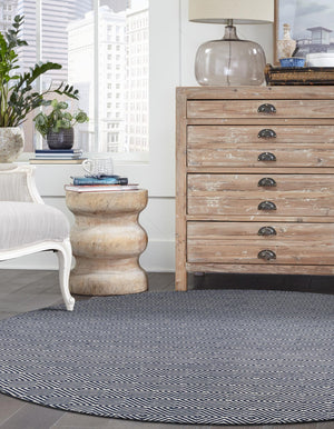 Navy Blue 7' 10 x 7' 10 Geo Trellis Flatweave Round Area Rug 80% Wool & 20% Cotton Natural Geometric Carpet for Living, Office, Dining, Dorms for Sale at Rug Engine