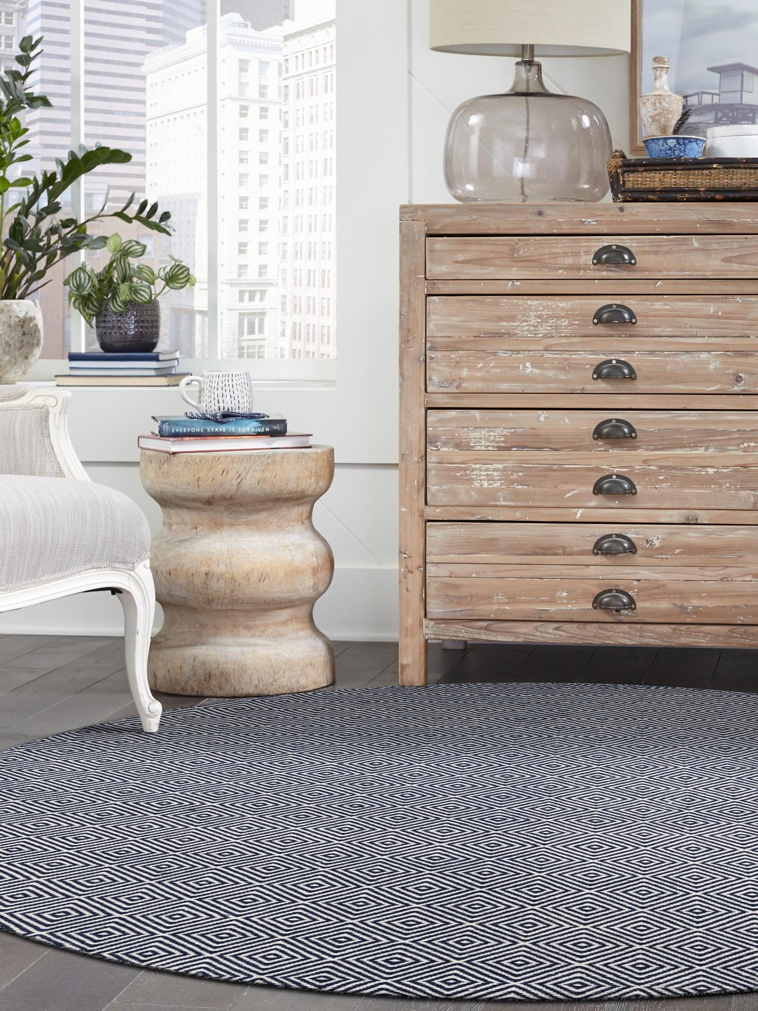 Navy Blue 12' x 12' Geo Trellis Flatweave Round Area Rug 80% Wool & 20% Cotton Natural Geometric Carpet for Living, Office, Dining, Dorms for Sale at Rug Engine