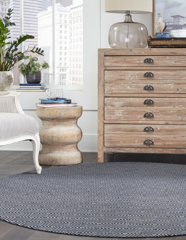 Navy Blue 10' x 10' Geo Trellis Flatweave Round Area Rug 80% Wool & 20% Cotton Natural Geometric Carpet for Living, Office, Dining, Dorms for Sale at Rug Engine