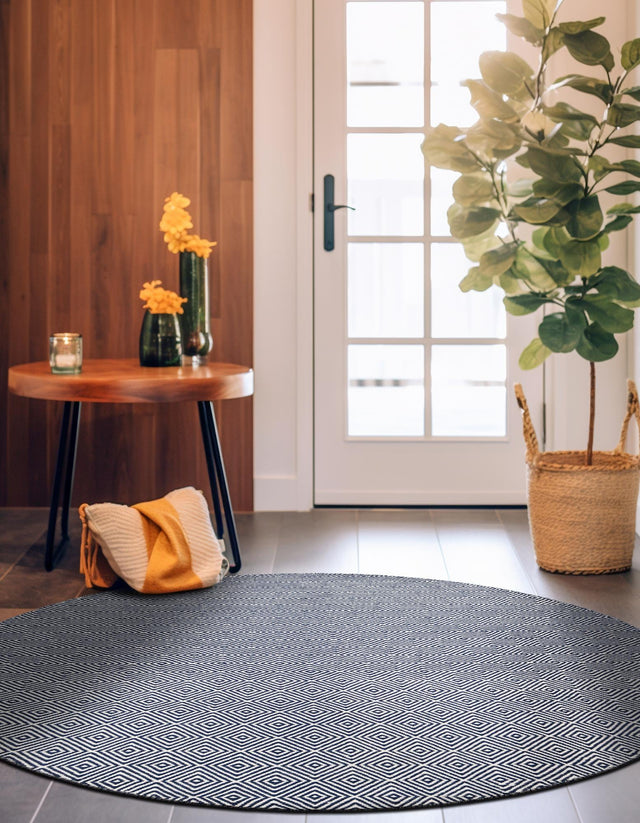 Navy Blue 6' 1 x 6' 1 Geo Trellis Flatweave Round Area Rug 80% Wool & 20% Cotton Natural Geometric Carpet for Living, Office, Dining, Dorms for Sale at Rug Engine