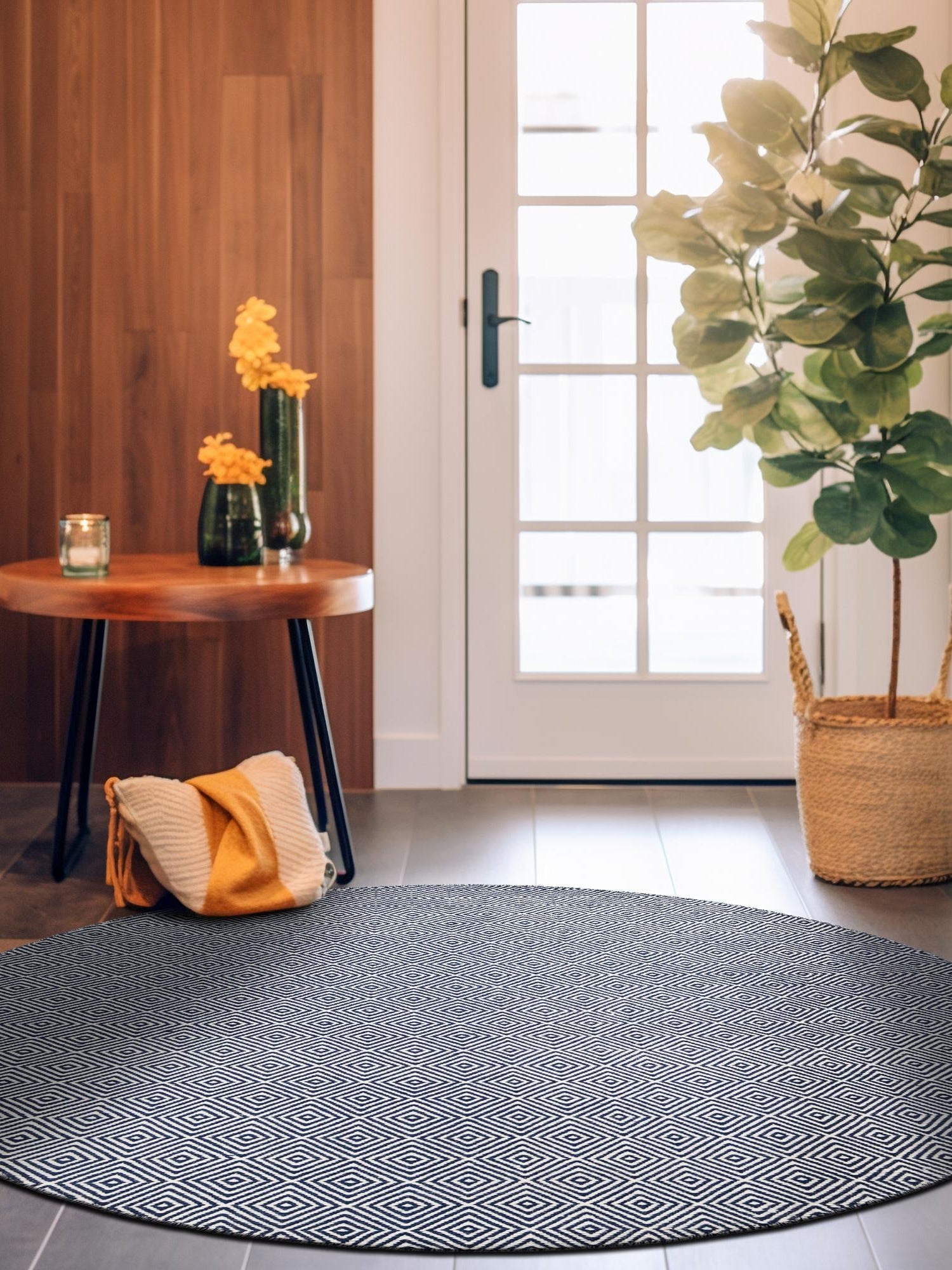 Navy Blue 12' x 12' Geo Trellis Flatweave Round Area Rug 80% Wool & 20% Cotton Natural Geometric Carpet for Living, Office, Dining, Dorms for Sale at Rug Engine