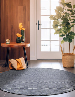 Navy Blue 7' 10 x 7' 10 Geo Trellis Flatweave Round Area Rug 80% Wool & 20% Cotton Natural Geometric Carpet for Living, Office, Dining, Dorms for Sale at Rug Engine