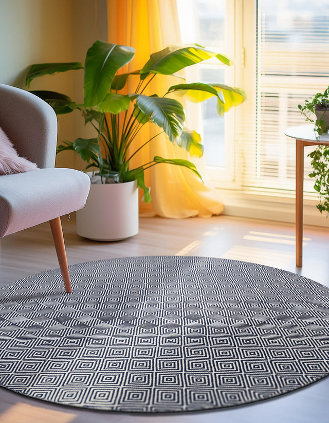 Navy Blue 10' x 10' Geo Trellis Flatweave Round Area Rug 80% Wool & 20% Cotton Natural Geometric Carpet for Living, Office, Dining, Dorms for Sale at Rug Engine