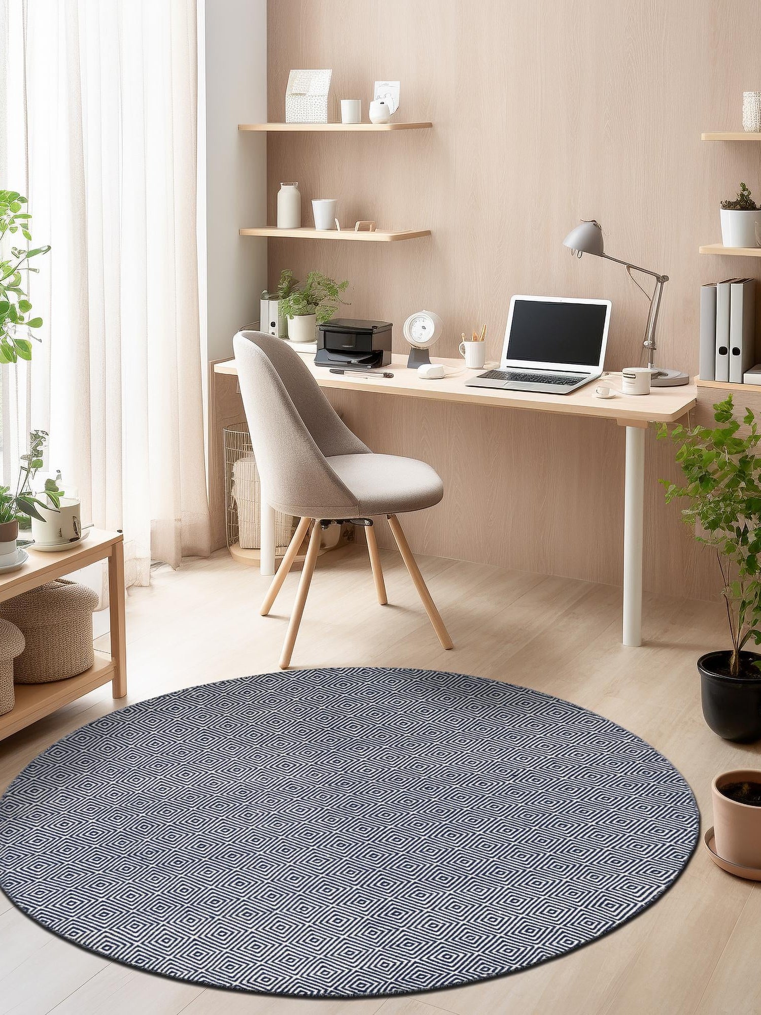 Navy Blue 10' x 10' Geo Trellis Flatweave Round Area Rug 80% Wool & 20% Cotton Natural Geometric Carpet for Living, Office, Dining, Dorms for Sale at Rug Engine