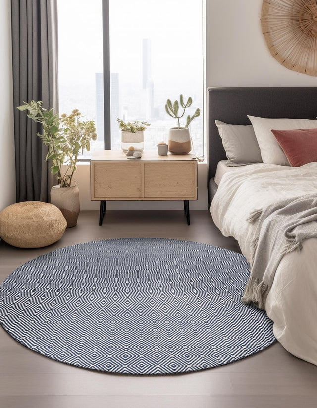 Navy Blue 6' 1 x 6' 1 Geo Trellis Flatweave Round Area Rug 80% Wool & 20% Cotton Natural Geometric Carpet for Living, Office, Dining, Dorms for Sale at Rug Engine