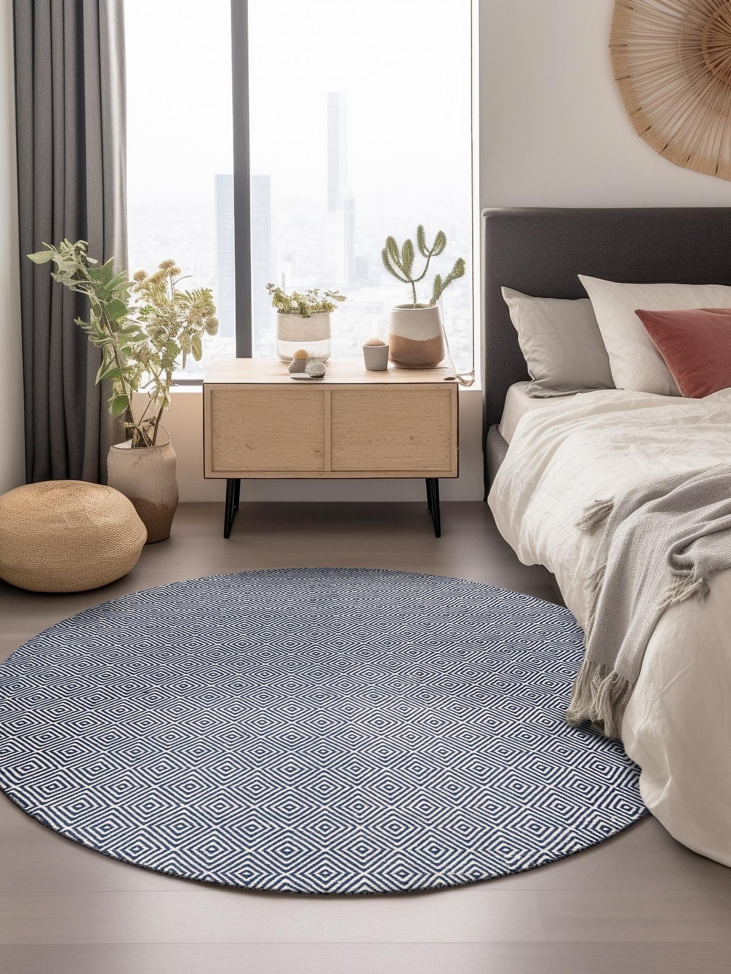 Navy Blue 10' x 10' Geo Trellis Flatweave Round Area Rug 80% Wool & 20% Cotton Natural Geometric Carpet for Living, Office, Dining, Dorms for Sale at Rug Engine