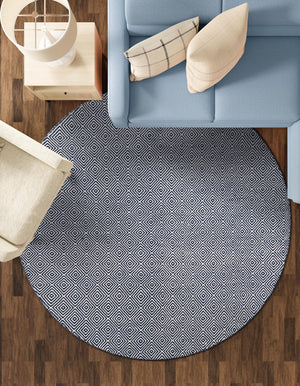 Navy Blue 3' 1 x 3' 1 Geo Trellis Flatweave Round Area Rug 80% Wool & 20% Cotton Natural Geometric Carpet for Living, Office, Dining, Dorms for Sale at Rug Engine