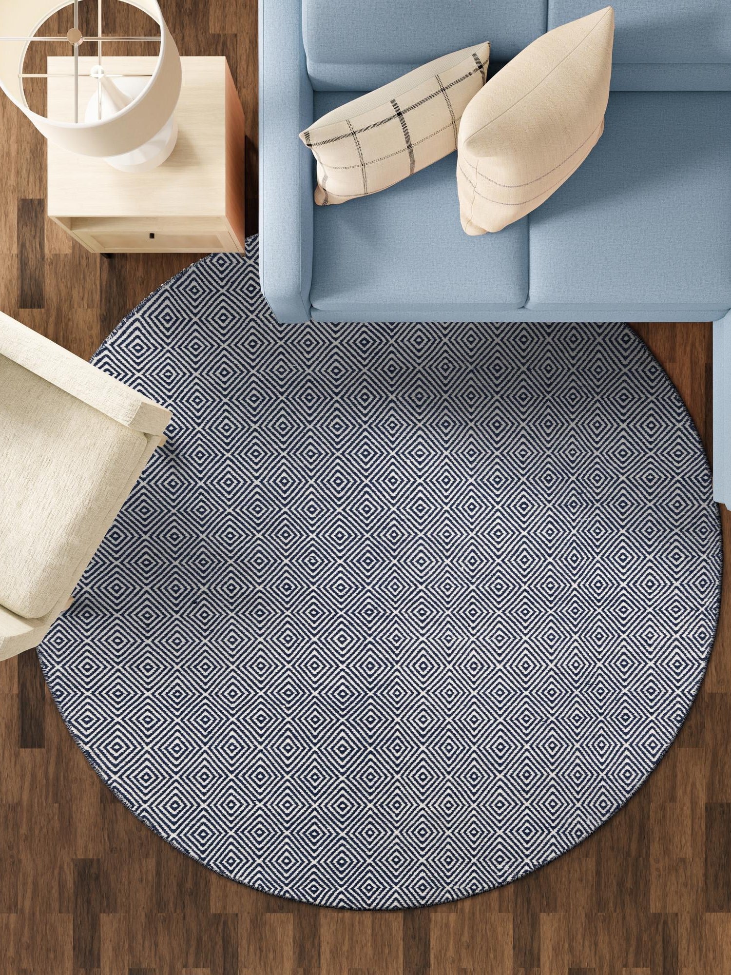 Navy Blue 6' 1 x 6' 1 Geo Trellis Flatweave Round Area Rug 80% Wool & 20% Cotton Natural Geometric Carpet for Living, Office, Dining, Dorms for Sale at Rug Engine
