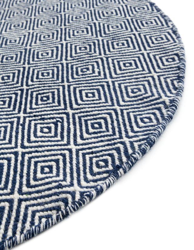Navy Blue 3' 1 x 3' 1 Geo Trellis Flatweave Round Area Rug 80% Wool & 20% Cotton Natural Geometric Carpet for Living, Office, Dining, Dorms for Sale at Rug Engine
