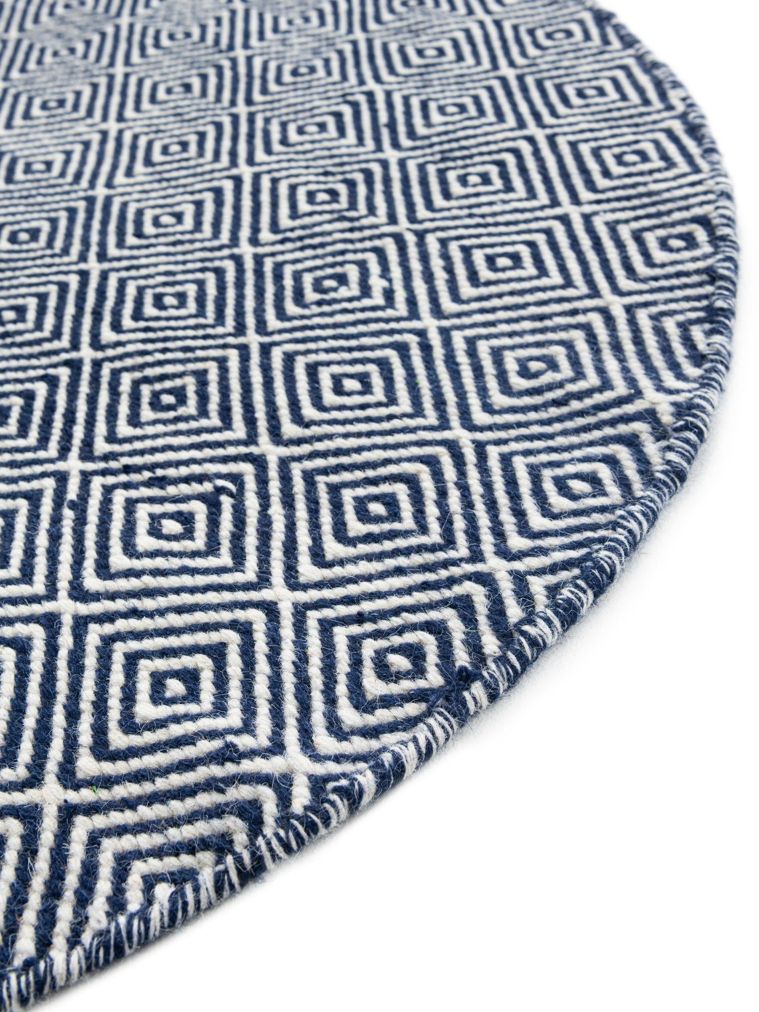 Navy Blue 7' 10 x 7' 10 Geo Trellis Flatweave Round Area Rug 80% Wool & 20% Cotton Natural Geometric Carpet for Living, Office, Dining, Dorms for Sale at Rug Engine