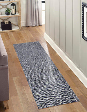 Navy Blue 2' 7 x 14' 1 Geo Trellis Flatweave Runner Area Rug 80% Wool & 20% Cotton Natural Geometric Carpet for Living, Office, Dining, Dorms for Sale at Rug Engine