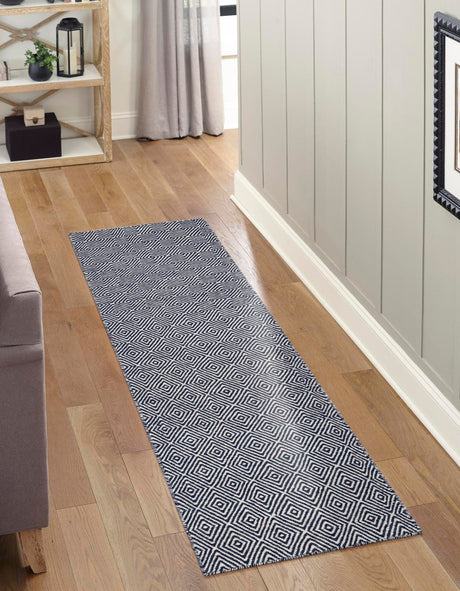 Navy Blue 2' 7 x 14' 1 Geo Trellis Flatweave Runner Area Rug 80% Wool & 20% Cotton Natural Geometric Carpet for Living, Office, Dining, Dorms for Sale at Rug Engine