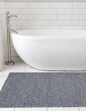 Navy Blue 2' 7 x 12' Geo Trellis Flatweave Runner Area Rug 80% Wool & 20% Cotton Natural Geometric Carpet for Living, Office, Dining, Dorms for Sale at Rug Engine