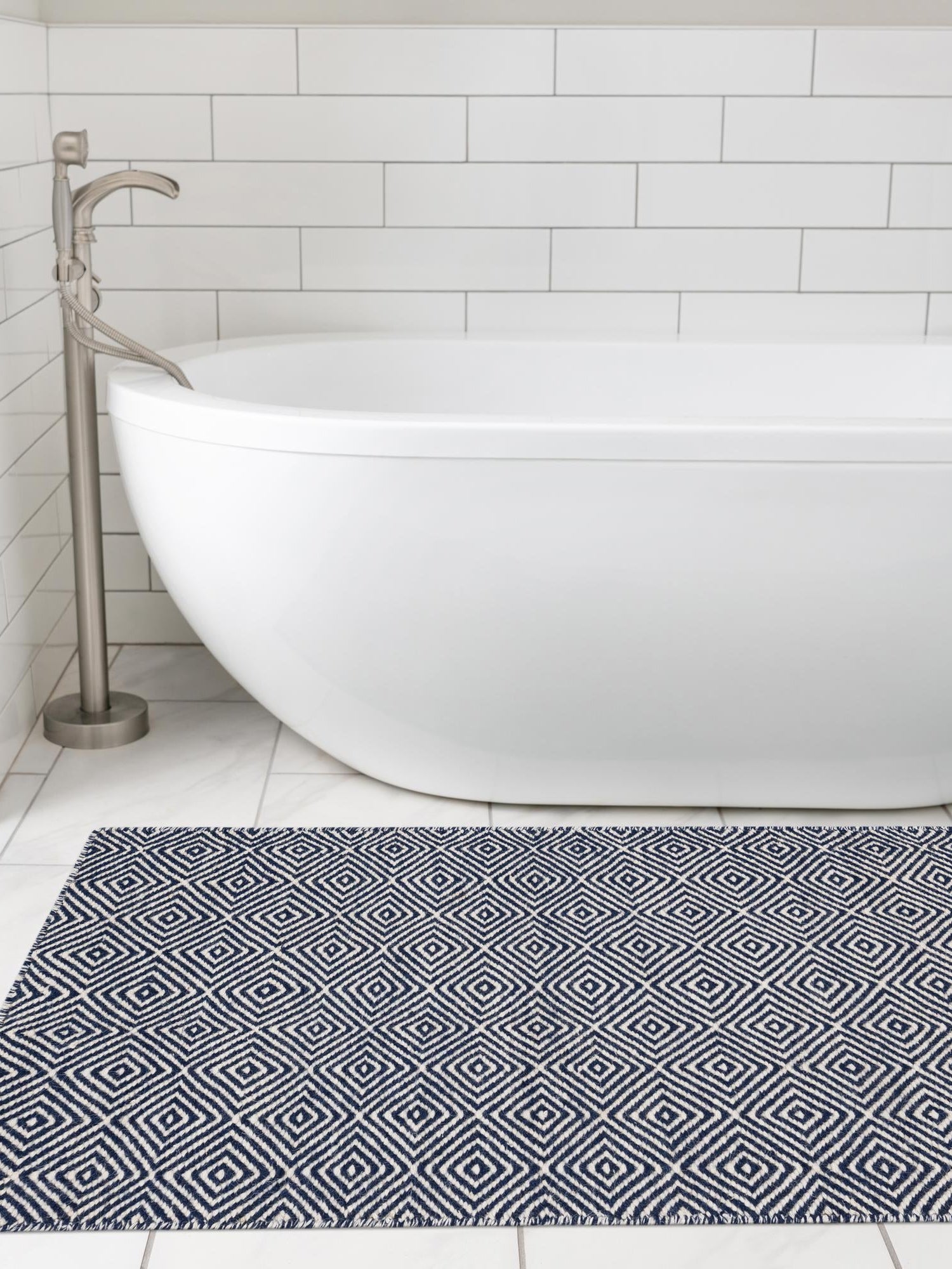 Navy Blue 2' x 6' 1 Geo Trellis Flatweave Runner Area Rug 80% Wool & 20% Cotton Natural Geometric Carpet for Living, Office, Dining, Dorms for Sale at Rug Engine
