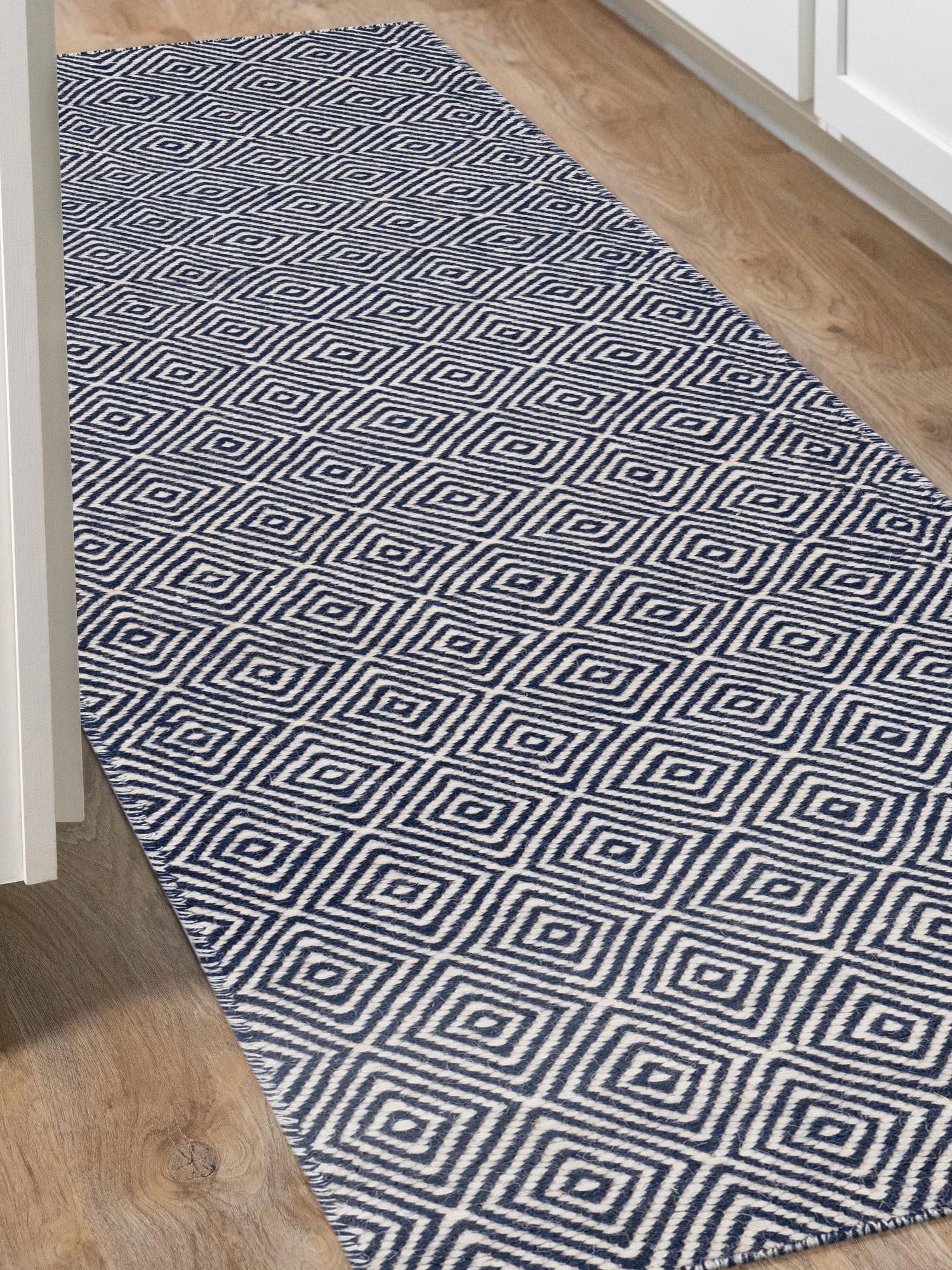 Navy Blue 2' 7 x 12' Geo Trellis Flatweave Runner Area Rug 80% Wool & 20% Cotton Natural Geometric Carpet for Living, Office, Dining, Dorms for Sale at Rug Engine