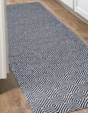 Navy Blue 2' x 6' 1 Geo Trellis Flatweave Runner Area Rug 80% Wool & 20% Cotton Natural Geometric Carpet for Living, Office, Dining, Dorms for Sale at Rug Engine