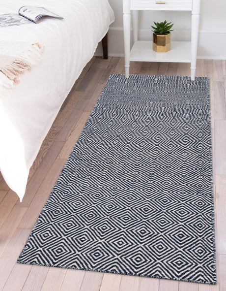 Navy Blue 2' 7 x 14' 1 Geo Trellis Flatweave Runner Area Rug 80% Wool & 20% Cotton Natural Geometric Carpet for Living, Office, Dining, Dorms for Sale at Rug Engine