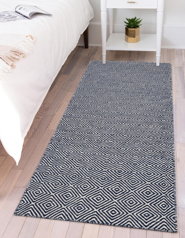 Navy Blue 2' x 6' 1 Geo Trellis Flatweave Runner Area Rug 80% Wool & 20% Cotton Natural Geometric Carpet for Living, Office, Dining, Dorms for Sale at Rug Engine