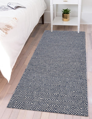 Navy Blue 2' 7 x 12' Geo Trellis Flatweave Runner Area Rug 80% Wool & 20% Cotton Natural Geometric Carpet for Living, Office, Dining, Dorms for Sale at Rug Engine
