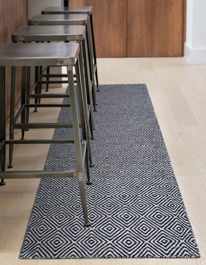 Navy Blue 2' x 8' Geo Trellis Flatweave Runner Area Rug 80% Wool & 20% Cotton Natural Geometric Carpet for Living, Office, Dining, Dorms for Sale at Rug Engine